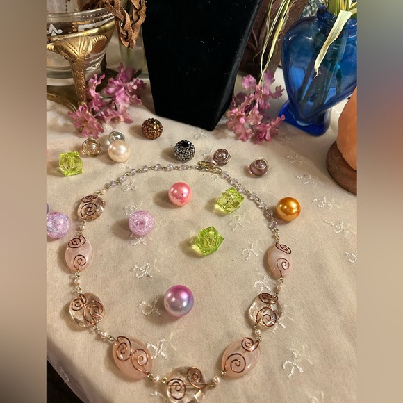 Muted Blush Collection necklace with copper wire wrap beads - Picture 1 of 12